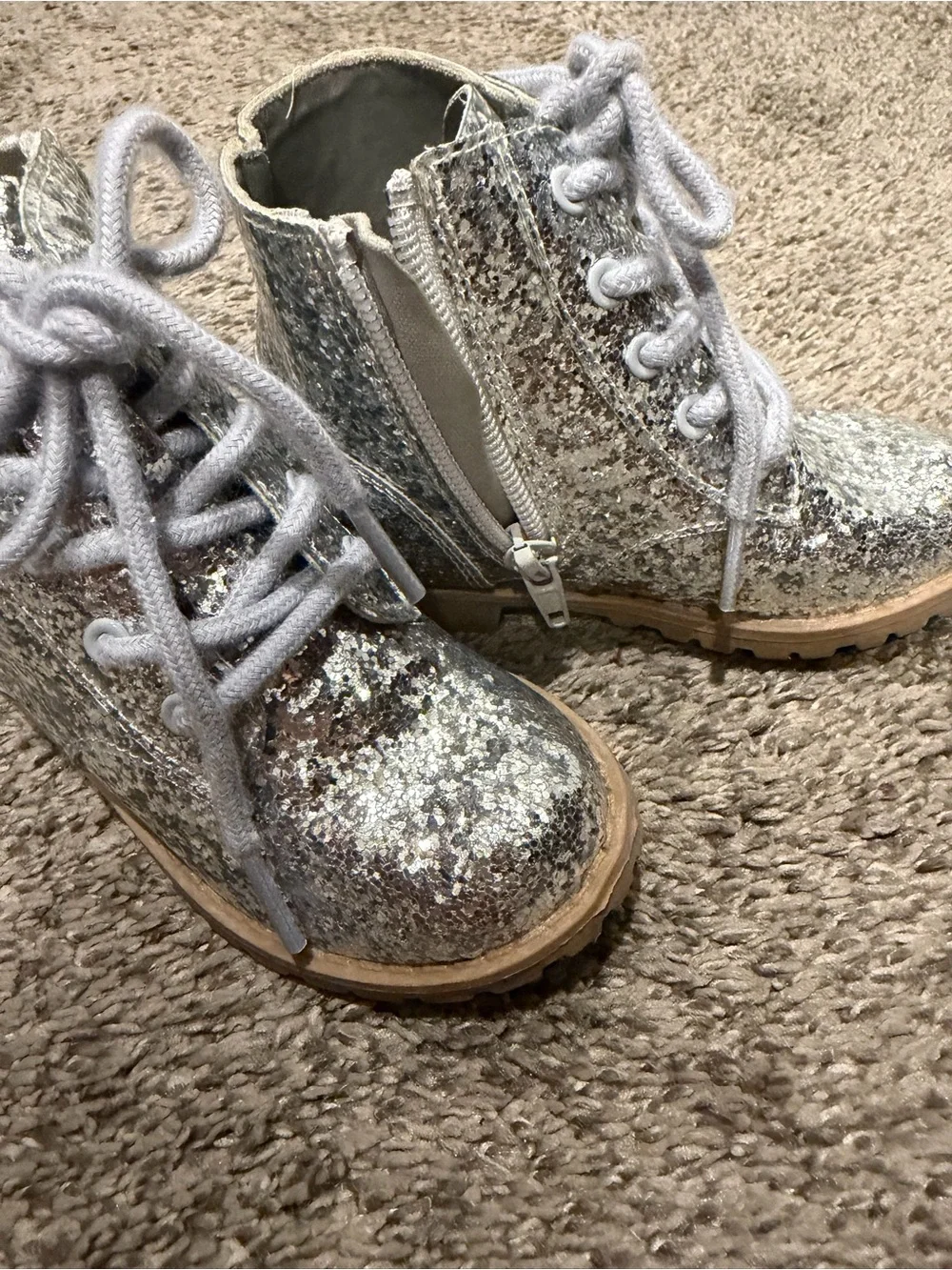 Toddler Girl Like New Silver Glitter Lace-Up Boots